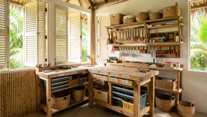 Atelier de bricolage tropical bien aménagé, rangements soignés, ventilation naturelle par des volets ouverts, lumière du jour abondante et matériaux durables comme le bambou et le bois recyclé.