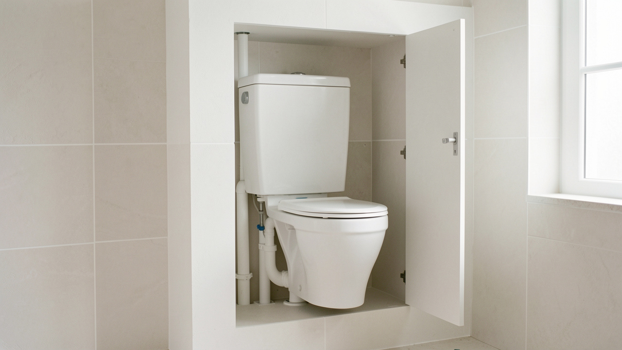 Toilettes modernes avec tuyaux dissimulés dans un coffrage en placo démontable, doté d’un panneau d’accès légèrement ouvert.