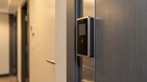 Gros plan sur un judas numérique installé proprement sur une porte blindée moderne.