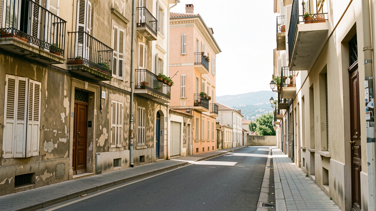 Rue résidentielle de Marseille montrant des immeubles aux états d’entretien variés, dans une lumière méditerranéenne, évoquant l’évaluation d’un quartier avant une location.