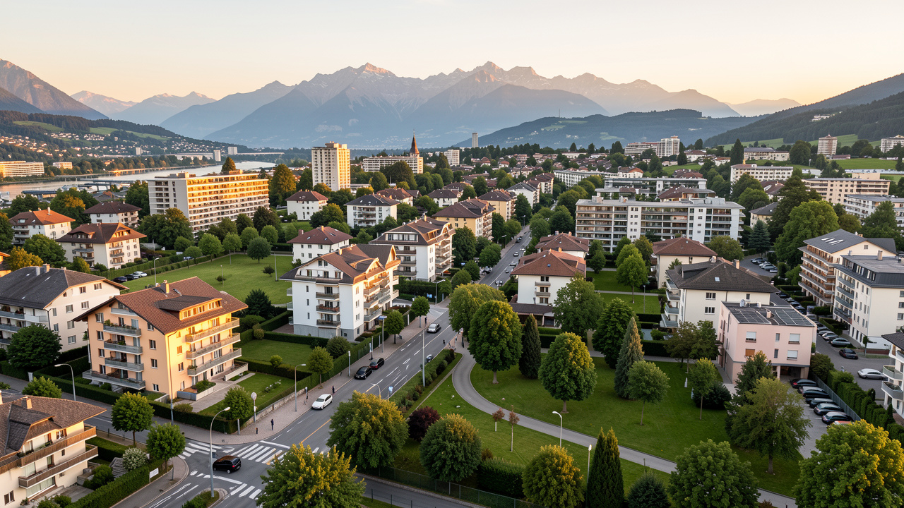 Vue panoramique des différents secteurs résidentiels d’Annemasse, avec immeubles, rues arborées, espaces verts et montagnes alpines en arrière-plan.