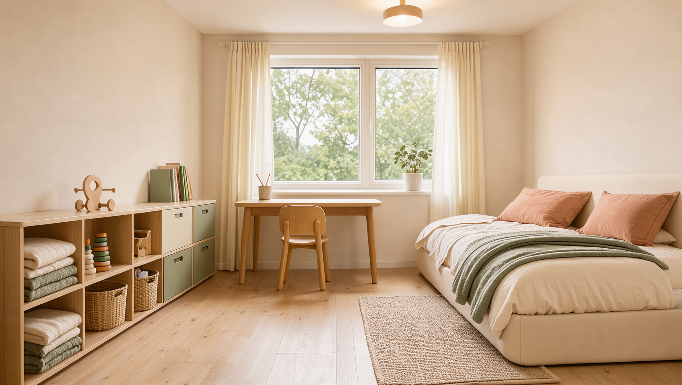 Chambre d’enfant lumineuse et évolutive avec rangements modulables, bureau en bois, mobilier arrondi et décoration douce dans des tons pastel.