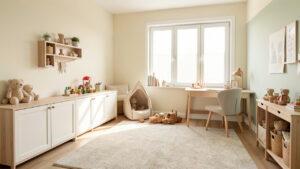 Chambre d’enfant lumineuse et douce avec rangements bas, coin jeu, tapis moelleux et bureau en bois.