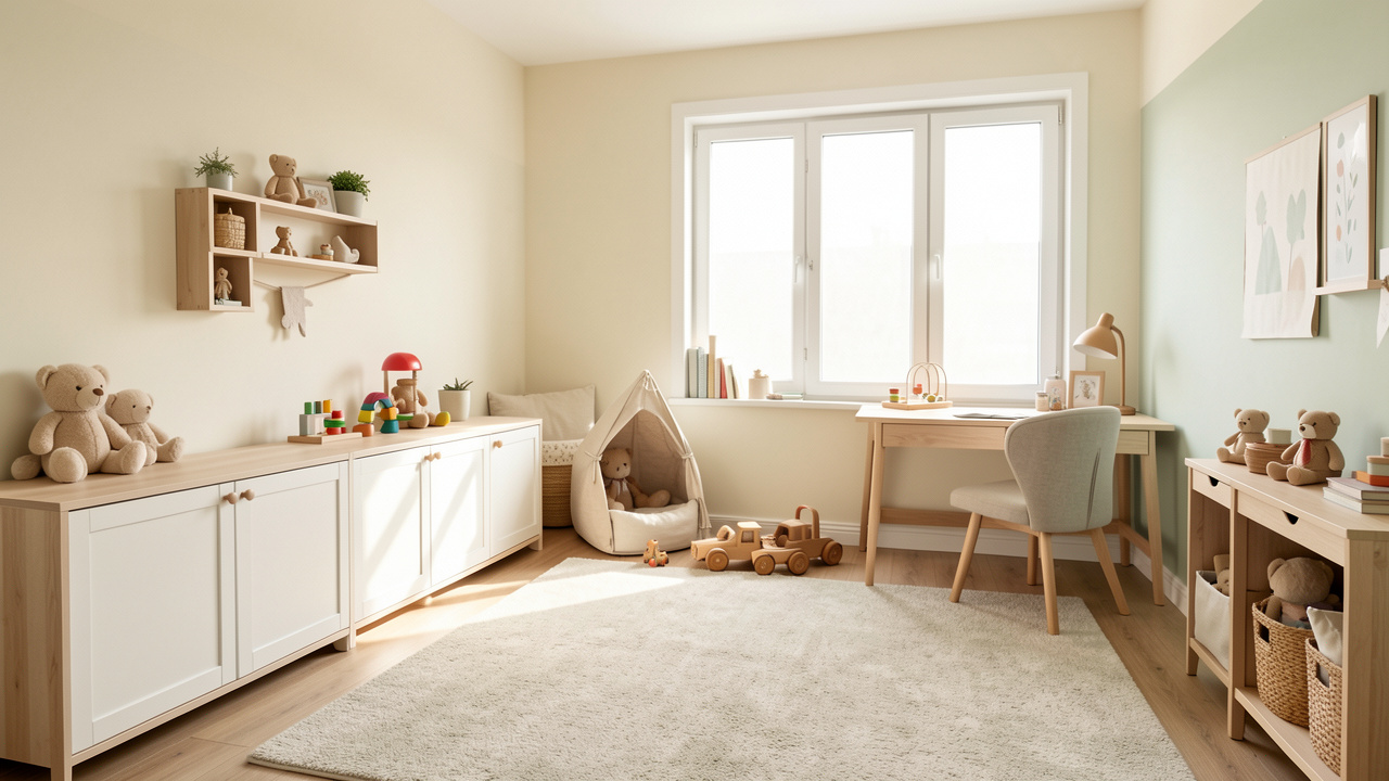 Chambre d’enfant lumineuse et douce avec rangements bas, coin jeu, tapis moelleux et bureau en bois.