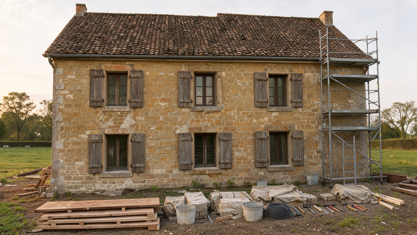 Grande maison familiale française en pierre naturelle, avec volets anciens restaurés et chantier discret baigné par une douce lumière de fin d’après-midi.