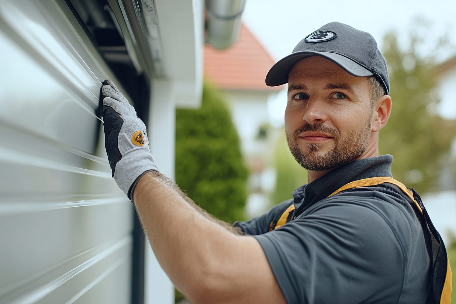 Technicien inspectant le mécanisme d’une porte de garage ouverte avec ses outils.